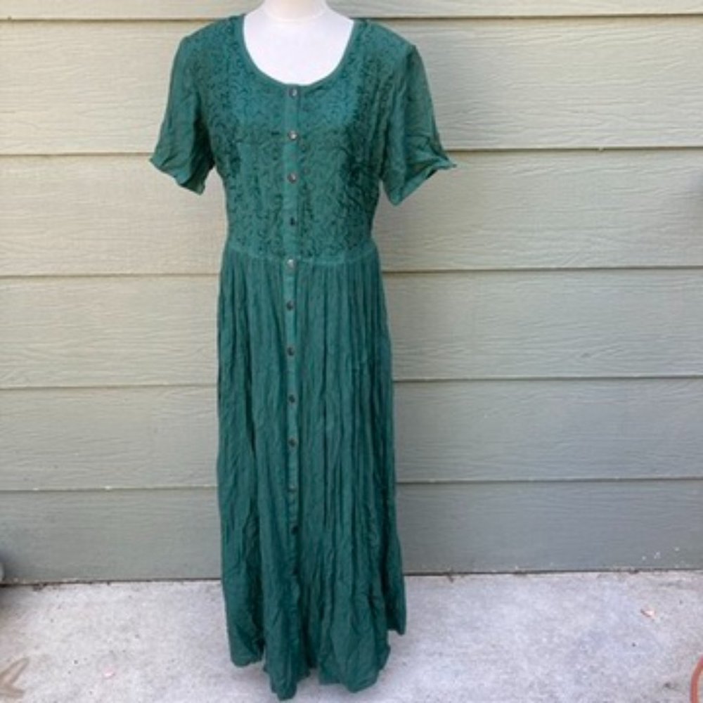Raja Vintage Maxi Button Dress Sz M Green Floral Embroidery Rayon Boho Hippie